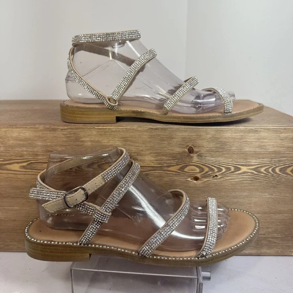 Steve Madden Transport-R Rhinestone Flat Sandals SZ 9 Sparkle Gladiator Y2K Nude